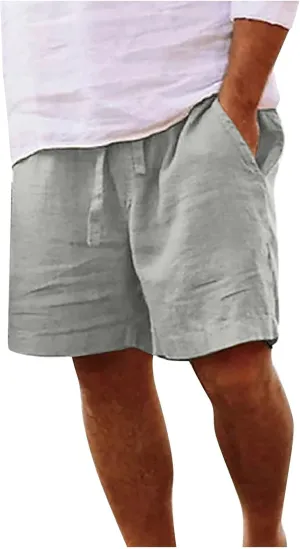 Mens Cotton Linen Shorts - White, Sleeveless, Elastic Waistband, Loose Fit, 11 Inch Inseam