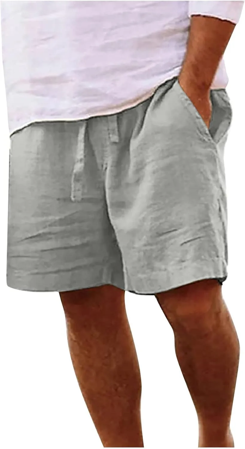 Mens Cotton Linen Shorts - White, Sleeveless, Elastic Waistband, Loose Fit, 11 Inch Inseam