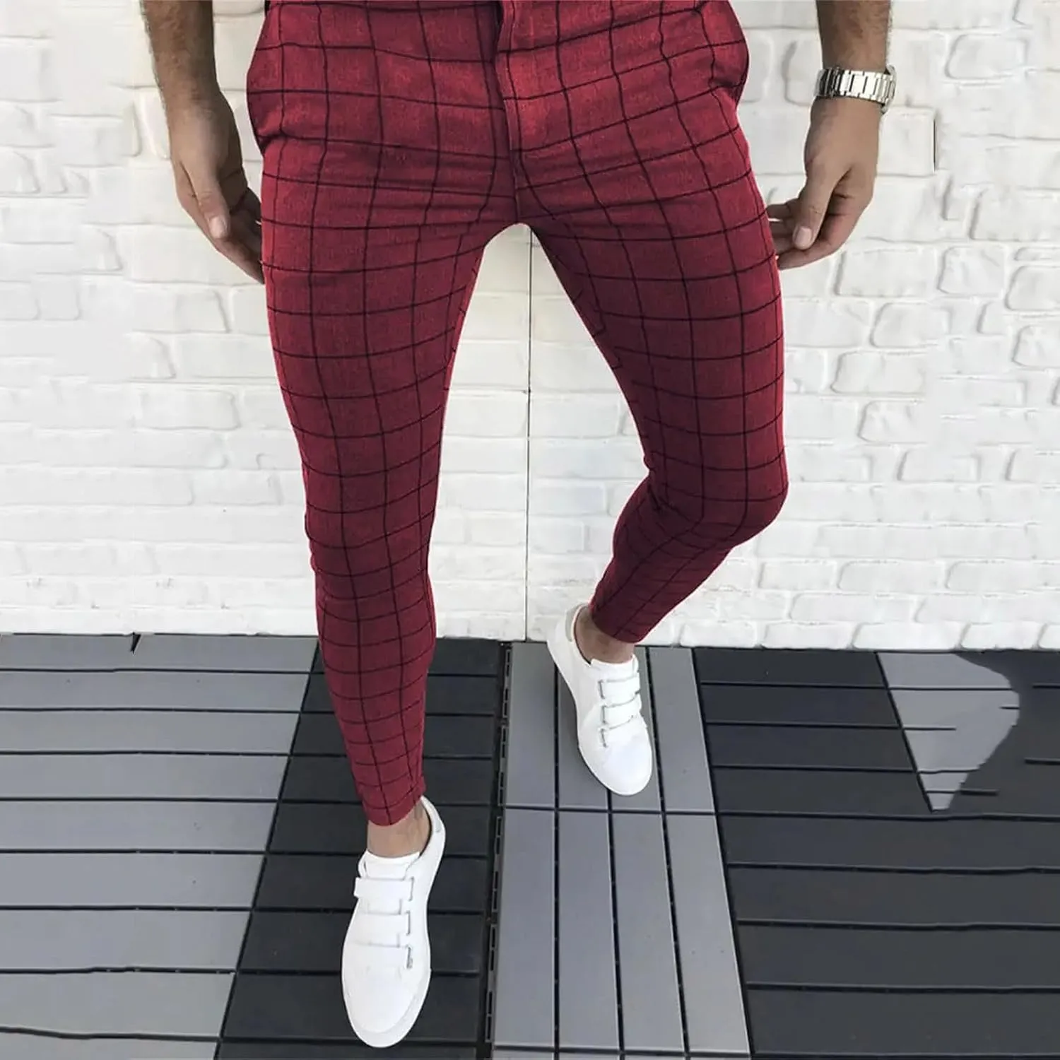 Mens Dress Pants Slim Fit Plaid Flat-Front Stretch Chino Pant Business Work Casual Tapered Leg Trousers with Pockets