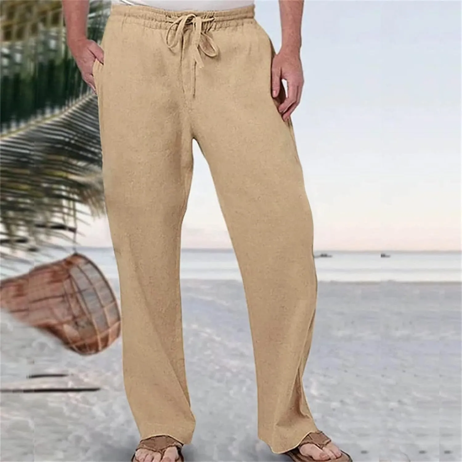 Mens Fashion Casual Solid Color Cotton and Linen Pants Elastic Waist Drawstring Pants Trousers with Pockets