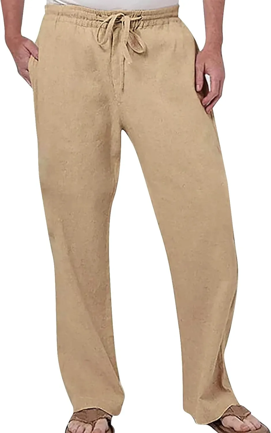 Mens Fashion Casual Solid Color Cotton and Linen Pants Elastic Waist Drawstring Pants Trousers with Pockets