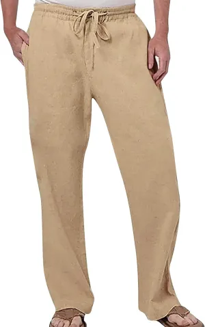 Mens Fashion Casual Solid Color Cotton and Linen Pants Elastic Waist Drawstring Pants Trousers with Pockets