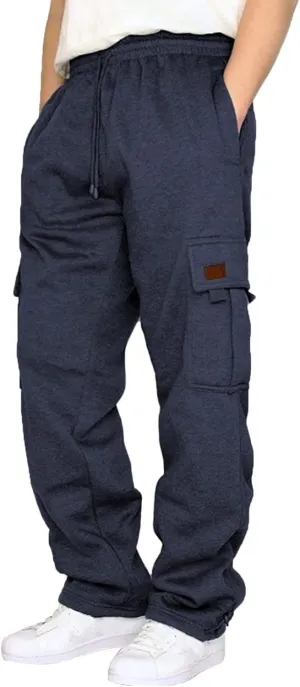 Men's Fleece Cargo Sweatpants Drawstring Loose Fit Sweatpants Active Athletic Workout Jogger Pant for Men with Pockets