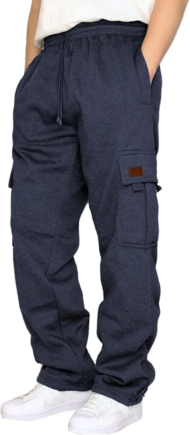 Men's Fleece Cargo Sweatpants Drawstring Loose Fit Sweatpants Active Athletic Workout Jogger Pant for Men with Pockets