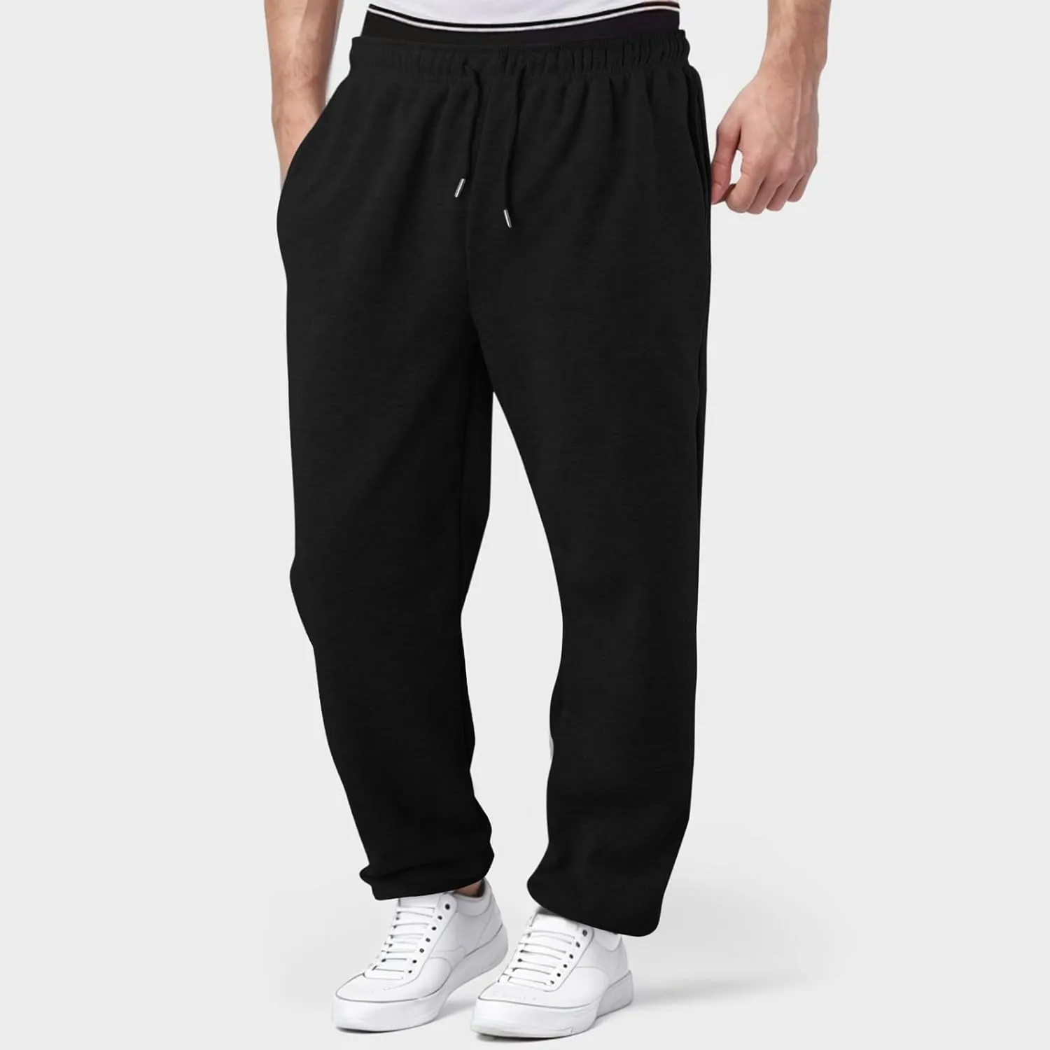 Men's Heavyweight Fleece Cargo Sweatpants Baggy Sweat Pants with Pockets Elastic Waist Drawstring Joggers Trousers