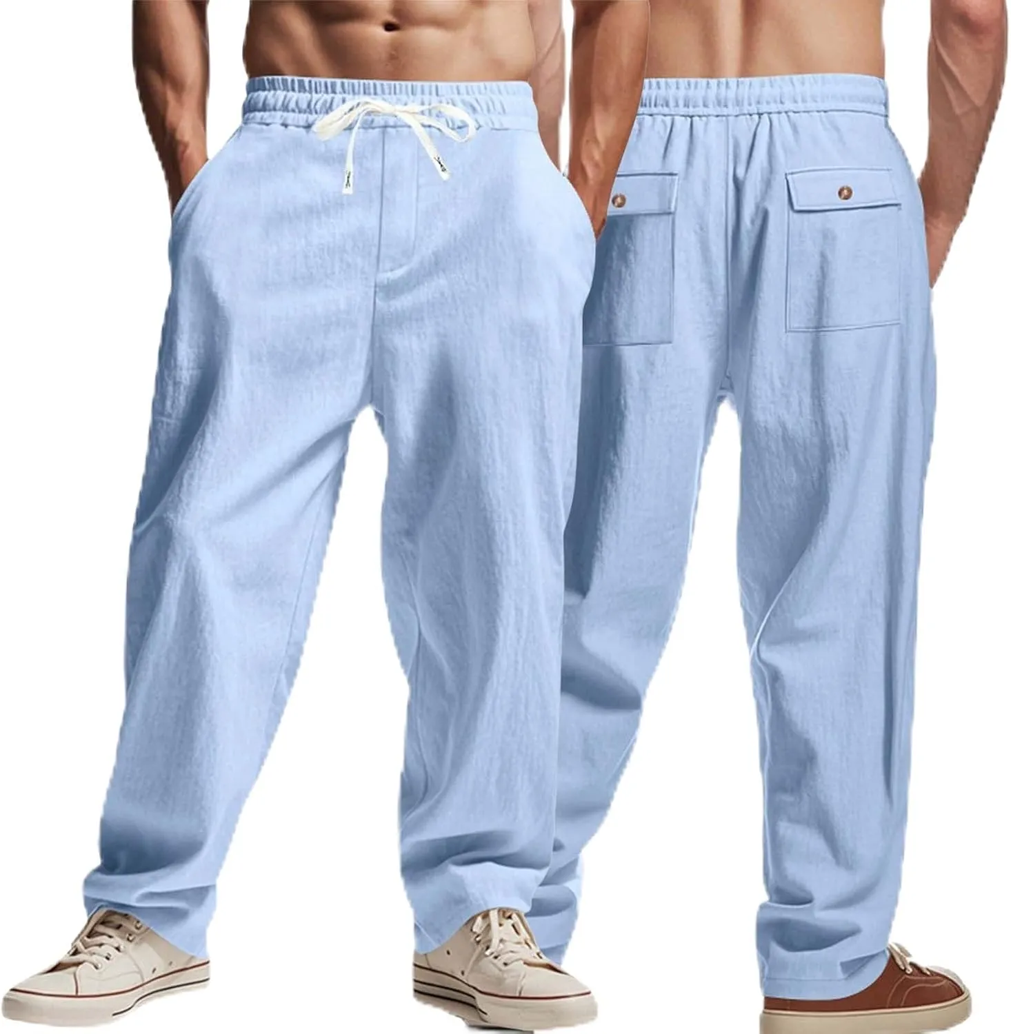 Men's Linen Pants 2 Pack Casual Pant Multipack Summer Outdoor Vacation Beach Trousers Open Bottom Slacks with Pockets