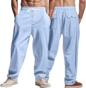 Men's Linen Pants 2 Pack Casual Pant Multipack Summer Outdoor Vacation Beach Trousers Open Bottom Slacks with Pockets