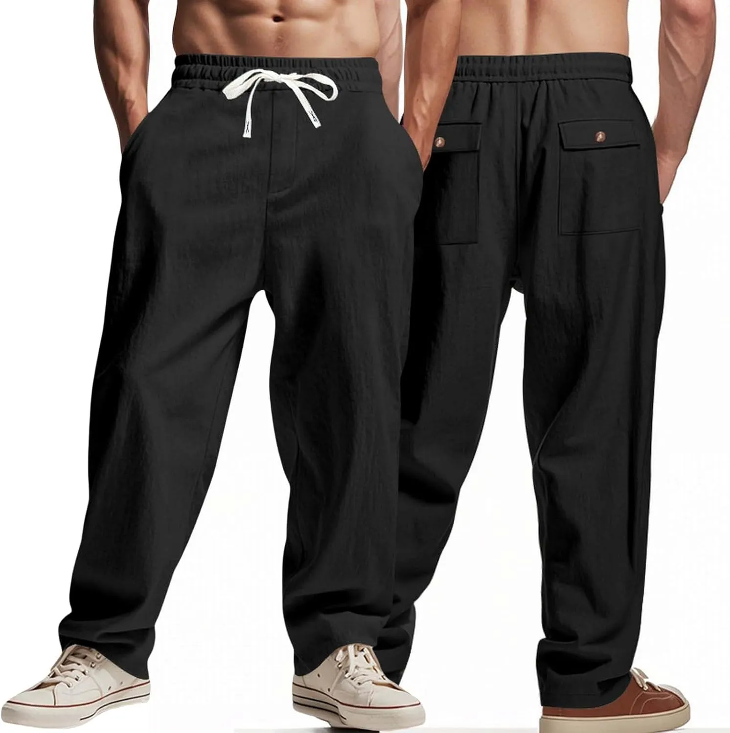 Men's Linen Pants 2 Pack Casual Pant Multipack Summer Outdoor Vacation Beach Trousers Open Bottom Slacks with Pockets