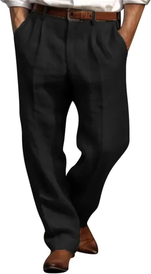 Mens Linen Pants Big and Tall Classic Flat Front Chino Pants Casual Lightweight Straight Leg Summer Beach Trousers