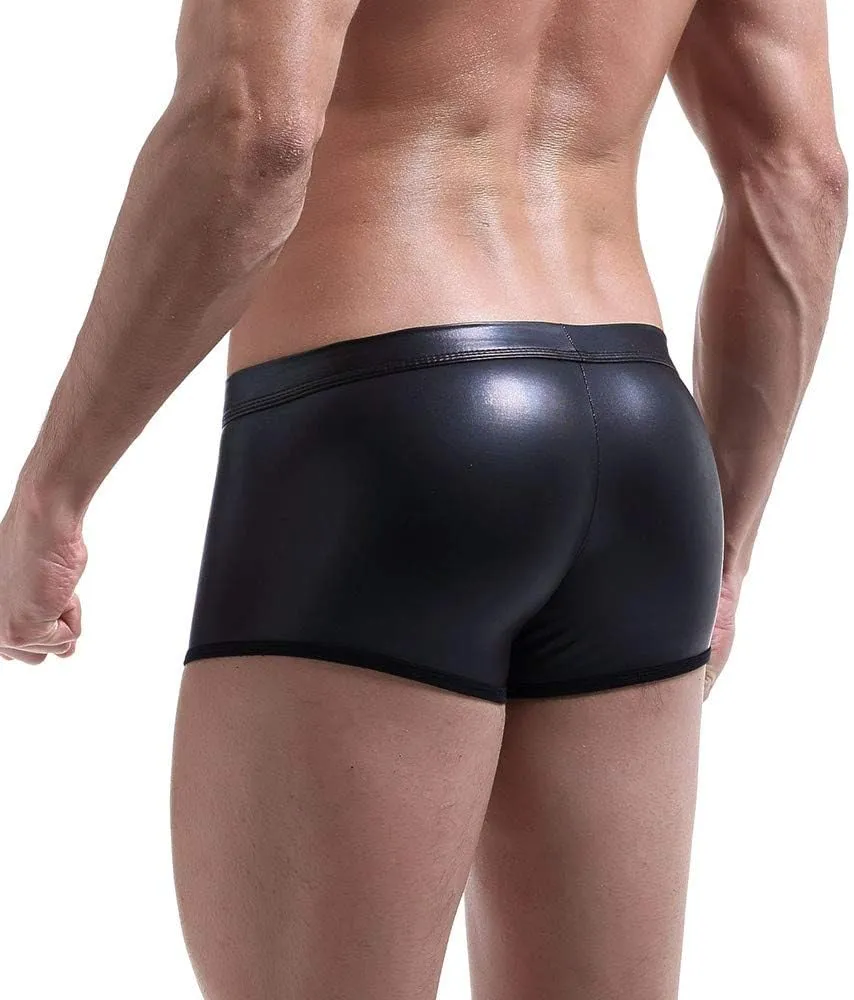 Mens Sexy Stretch Underwear Naughty Leather Shorts Low Rise Cheeky Lingerie