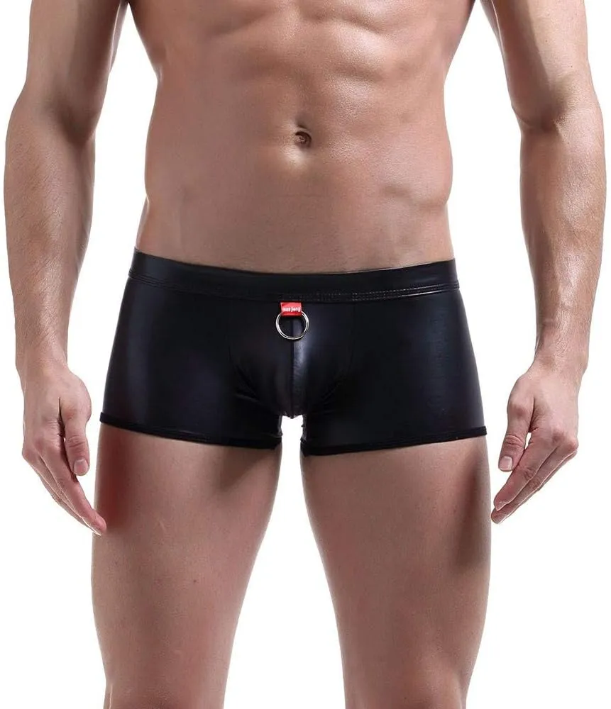 Mens Sexy Stretch Underwear Naughty Leather Shorts Low Rise Cheeky Lingerie