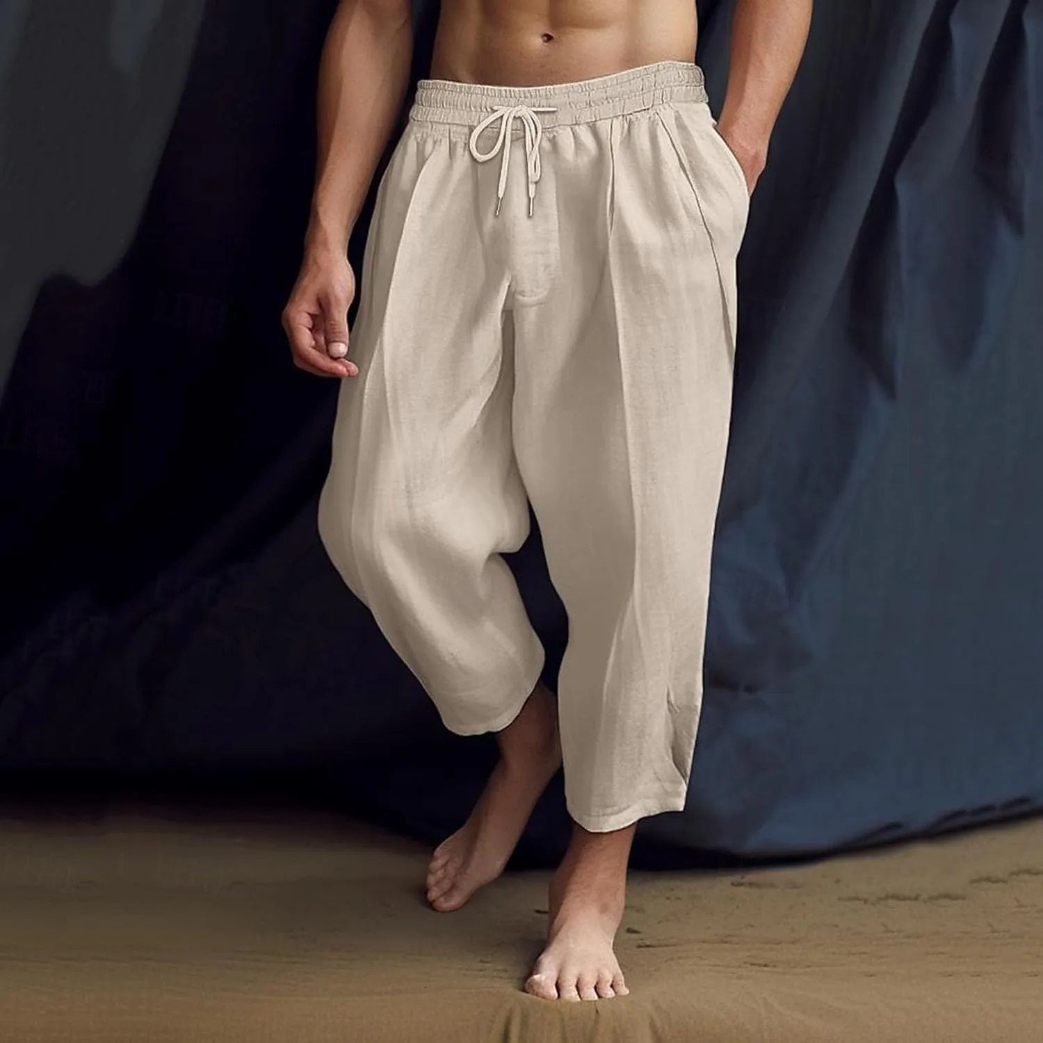Men's Summer Beach Pants Elastic Waist Joggers Regular Fit Solid Color Pant Summer Long Trousers with Pockets
