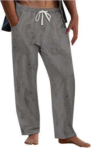 Mens Summer Casual Pants Fashion Ripped Distressed Hip Hop Streetwear Elastic Waist Loose Fit Trousers with Pockets