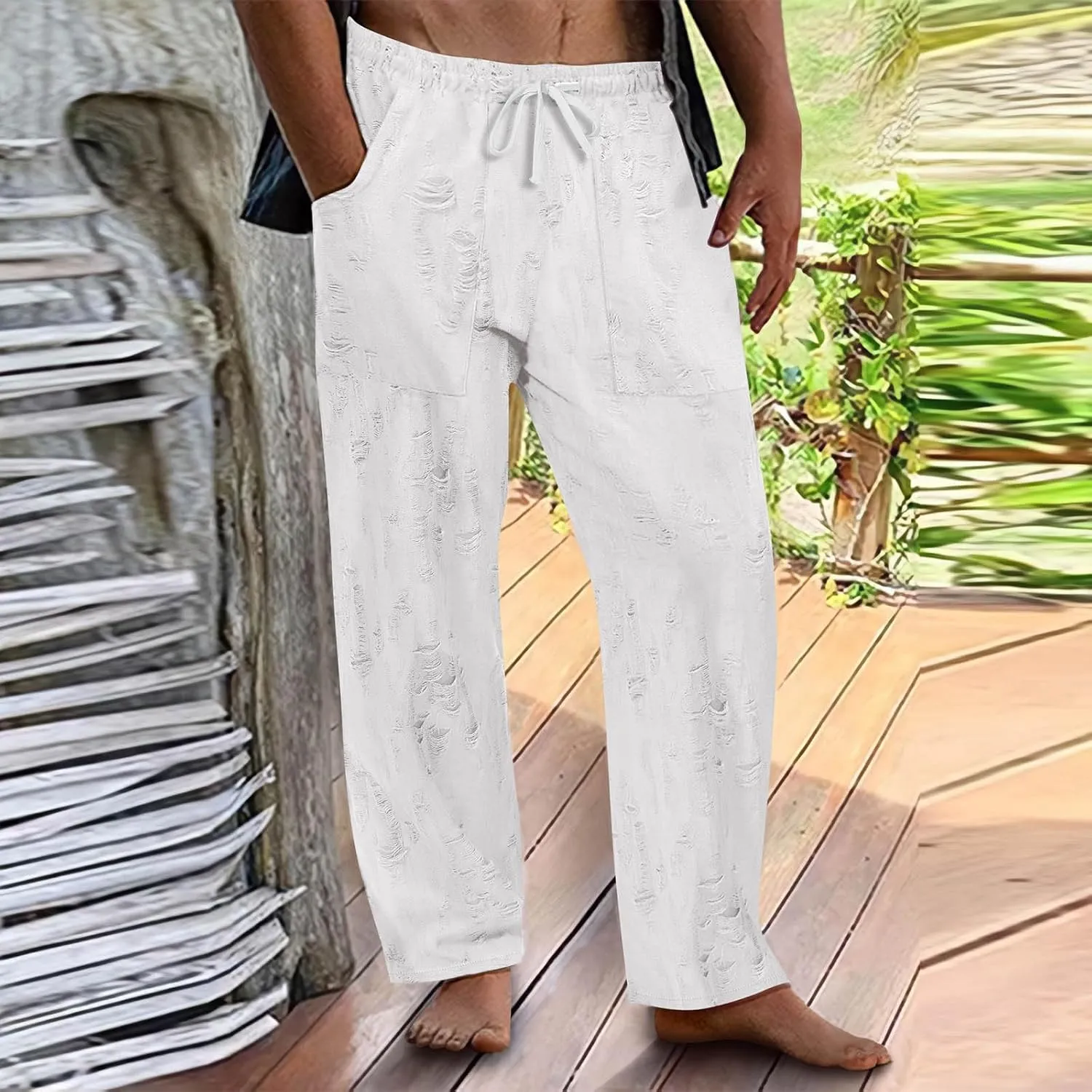 Mens Summer Casual Pants Fashion Ripped Distressed Hip Hop Streetwear Elastic Waist Loose Fit Trousers with Pockets
