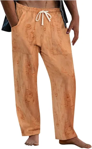 Mens Summer Casual Pants Fashion Ripped Distressed Hip Hop Streetwear Elastic Waist Loose Fit Trousers with Pockets