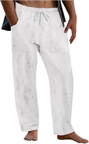 Mens Summer Casual Pants Fashion Ripped Distressed Hip Hop Streetwear Elastic Waist Loose Fit Trousers with Pockets