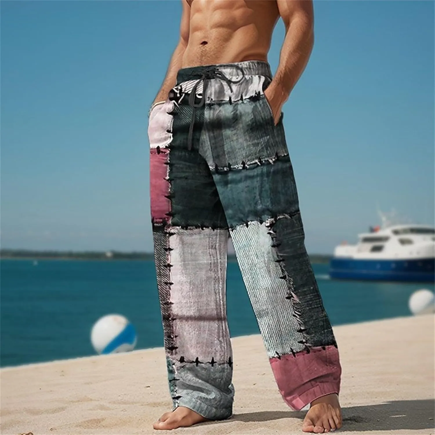 Mens Summer Pants Lightweight Casual Big and Tall Hawaiian Wide Leg Pants Vacation Golf Trousers Joggers