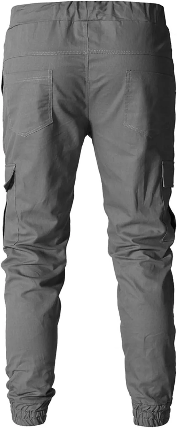 Men's Workout Cargo Pants Drawstring Elastic Waist Joggers Hiking Outdoor Athletic Sweatpants with Pockets Trousers