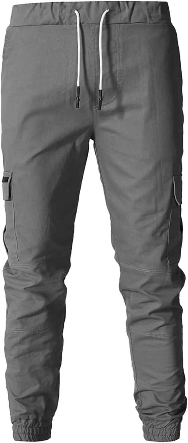Men's Workout Cargo Pants Drawstring Elastic Waist Joggers Hiking Outdoor Athletic Sweatpants with Pockets Trousers