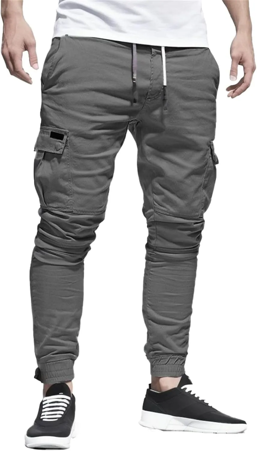 Men's Workout Cargo Pants Drawstring Elastic Waist Joggers Hiking Outdoor Athletic Sweatpants with Pockets Trousers