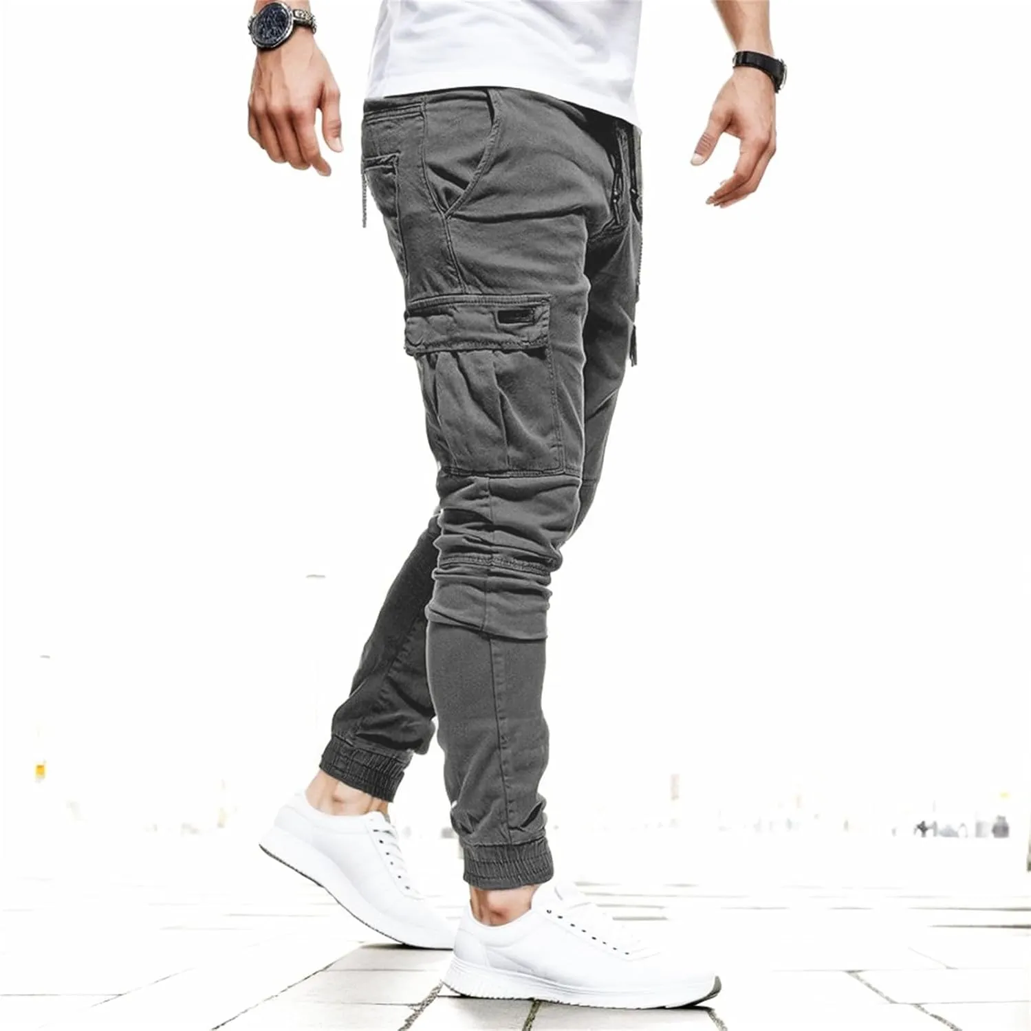 Men's Workout Cargo Pants Drawstring Elastic Waist Joggers Hiking Outdoor Athletic Sweatpants with Pockets Trousers