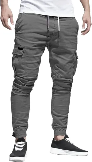 Men's Workout Cargo Pants Drawstring Elastic Waist Joggers Hiking Outdoor Athletic Sweatpants with Pockets Trousers