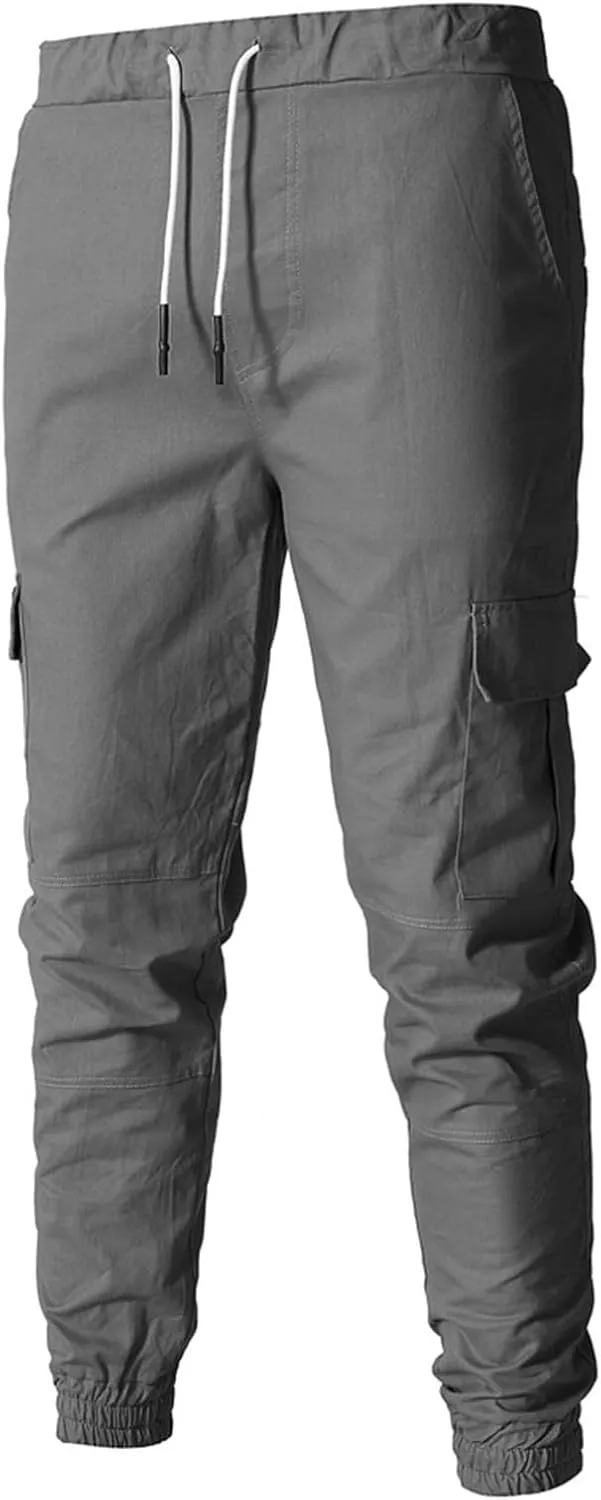 Men's Workout Cargo Pants Drawstring Elastic Waist Joggers Hiking Outdoor Athletic Sweatpants with Pockets Trousers