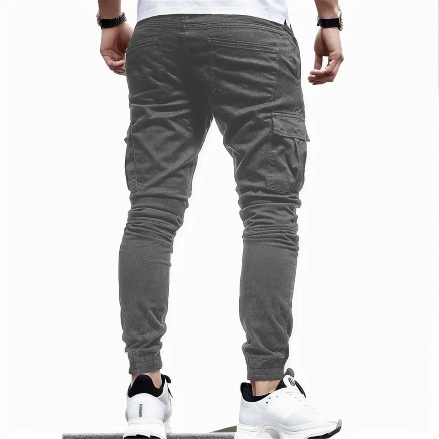 Men's Workout Cargo Pants Drawstring Elastic Waist Joggers Hiking Outdoor Athletic Sweatpants with Pockets Trousers