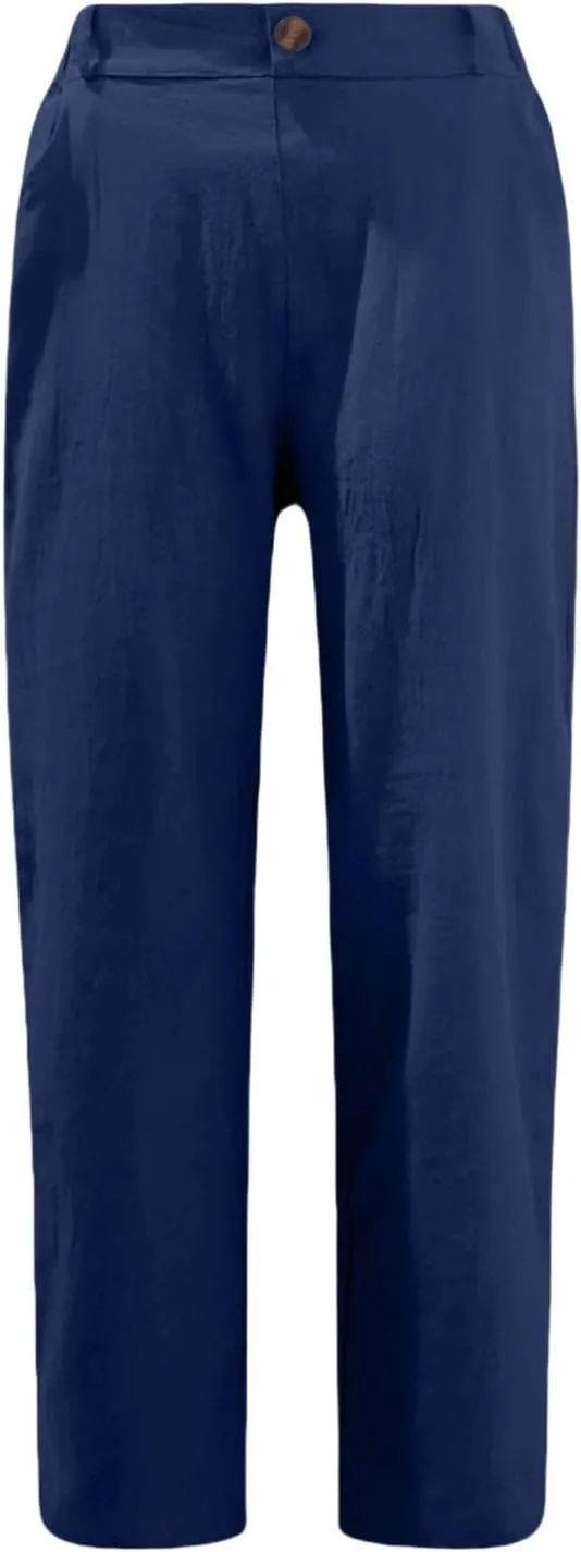 Miyaomn Womens Straight Leg Casual Linen Pants Lightweight Elastic Waist Lounge Pants Cute Summer Beach Trousers with Pockets