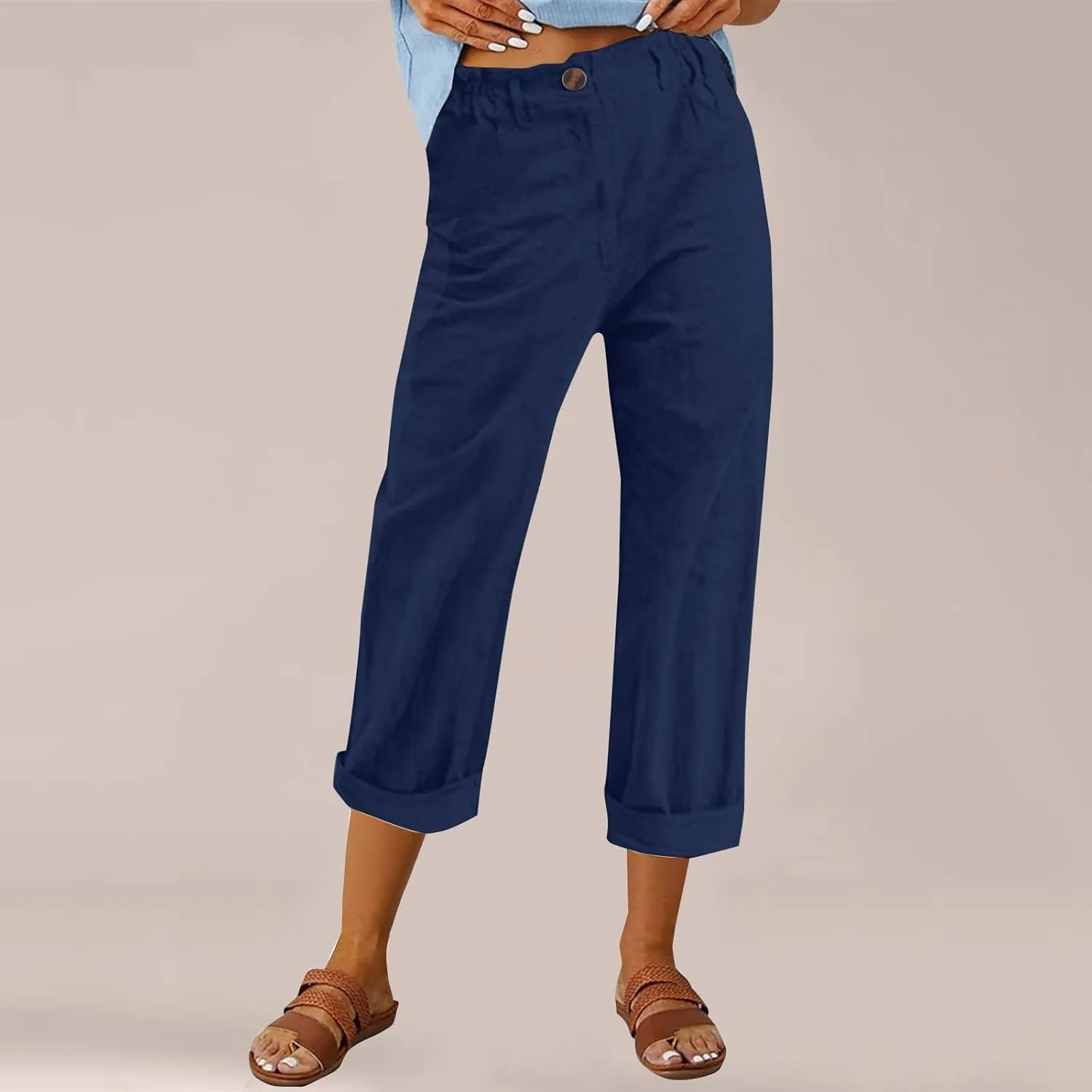Miyaomn Womens Straight Leg Casual Linen Pants Lightweight Elastic Waist Lounge Pants Cute Summer Beach Trousers with Pockets