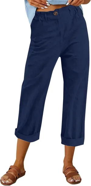 Miyaomn Womens Straight Leg Casual Linen Pants Lightweight Elastic Waist Lounge Pants Cute Summer Beach Trousers with Pockets