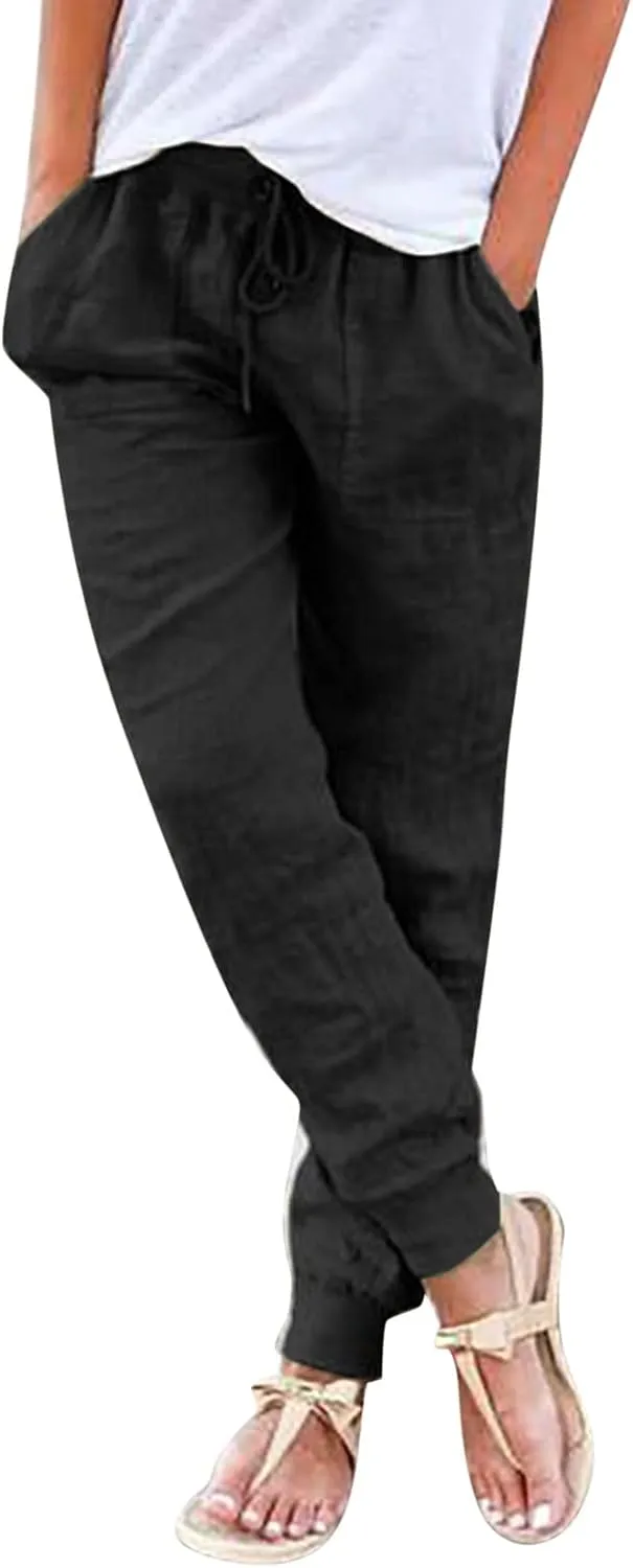 Miyaomn Women's Tapered Pants Cotton Linen Joggers Drawstring Elastic Waist Lounge Petite Pants Casual Trousers with Pockets