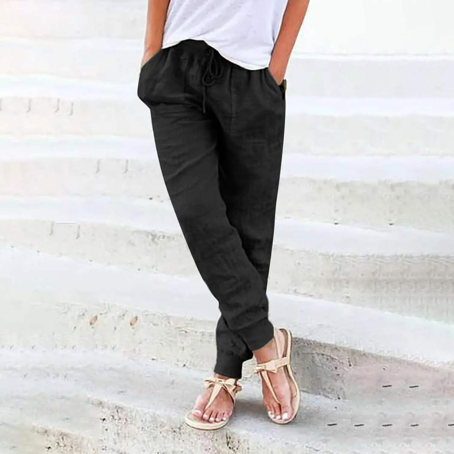 Miyaomn Women's Tapered Pants Cotton Linen Joggers Drawstring Elastic Waist Lounge Petite Pants Casual Trousers with Pockets