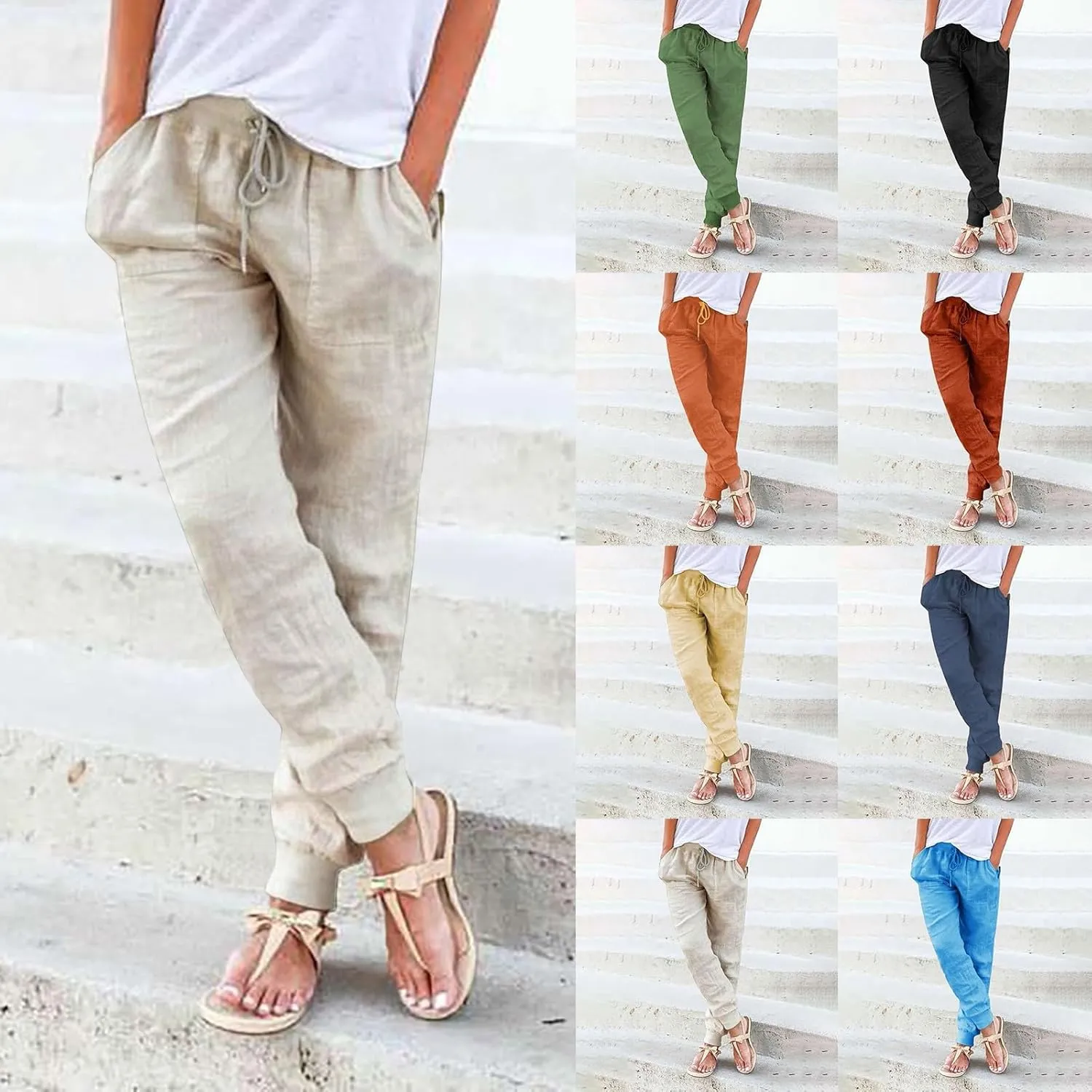 Miyaomn Women's Tapered Pants Cotton Linen Joggers Drawstring Elastic Waist Lounge Petite Pants Casual Trousers with Pockets