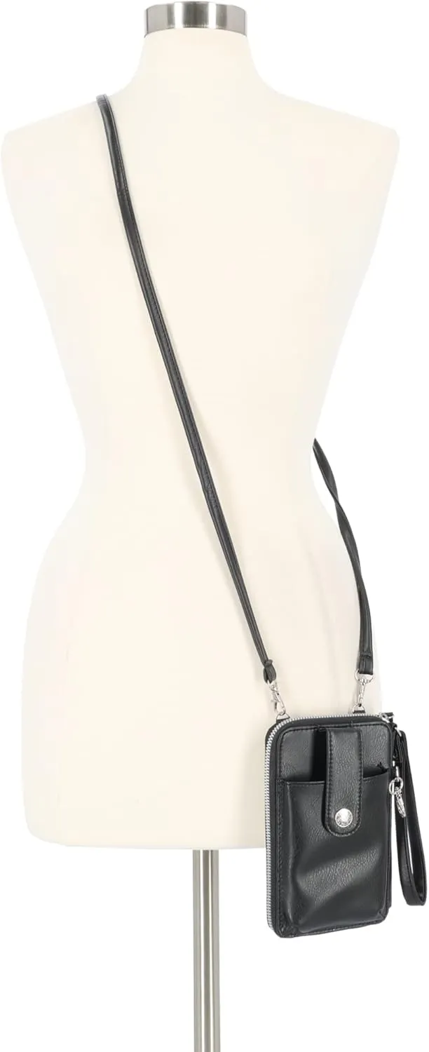 Mundi Jacqui RFID Crossbody Wallet for Women, Vegan Leather Small Travel Handbag with Phone Holder, Compact Organizer with Card Slots and Adjustable Strap, Vacation Purse in (Black)
