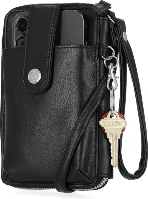 Mundi Jacqui RFID Crossbody Wallet for Women, Vegan Leather Small Travel Handbag with Phone Holder, Compact Organizer with Card Slots and Adjustable Strap, Vacation Purse in (Black)