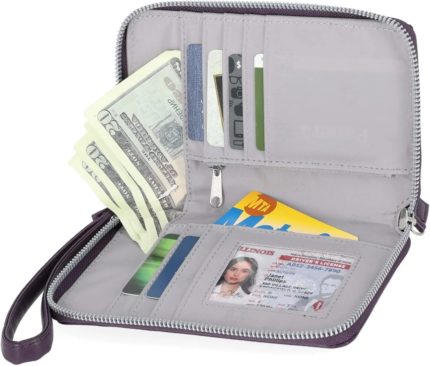 Mundi Jacqui RFID Crossbody Wallet for Women, Vegan Leather Small Travel Handbag with Phone Holder, Compact Organizer with Card Slots and Adjustable Strap, Vacation Purse in (Purple)