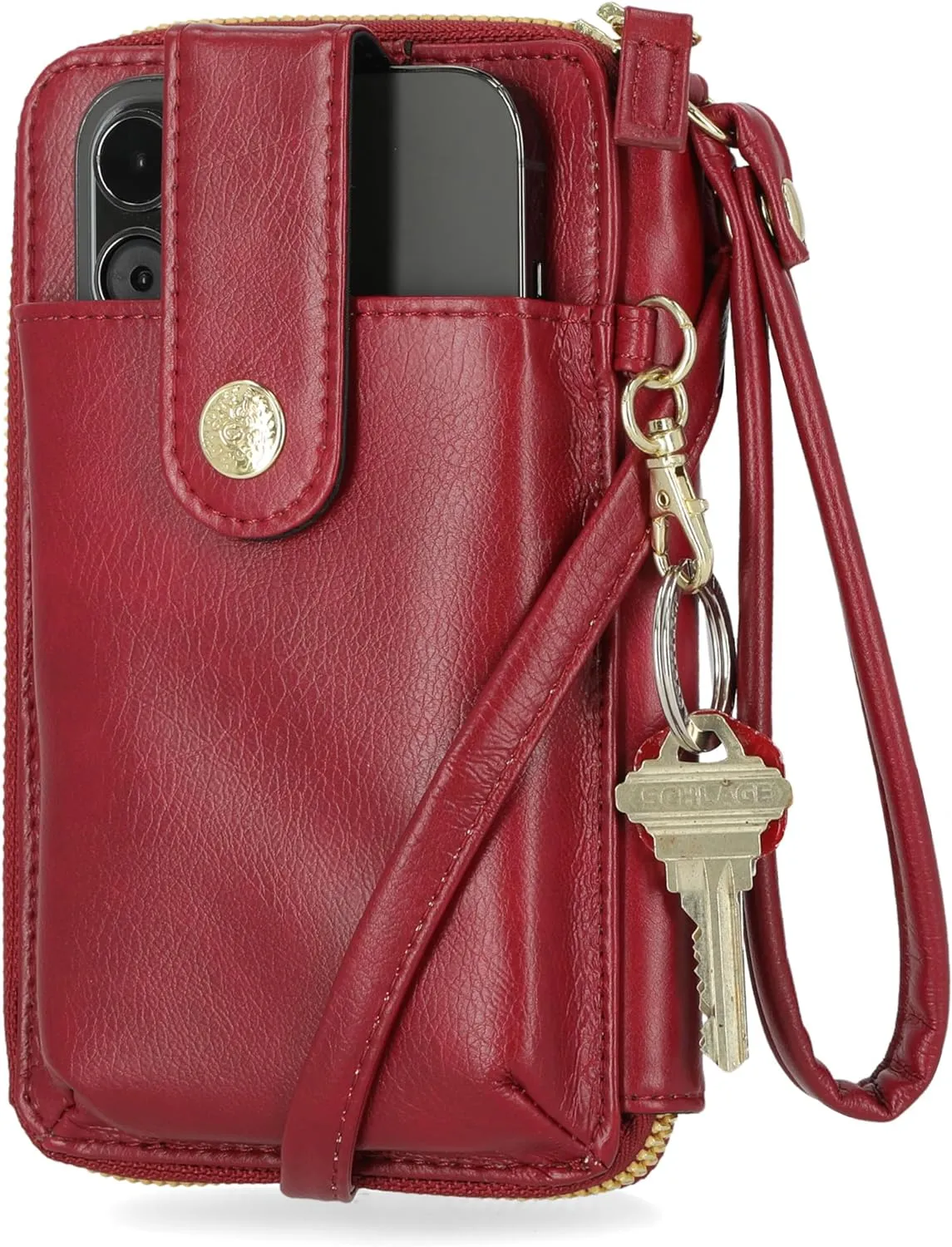 Mundi Jacqui RFID Crossbody Wallet for Women, Vegan Leather Small Travel Handbag with Phone Holder, Compact Organizer with Card Slots and Adjustable Strap, Vacation Purse in (Red)