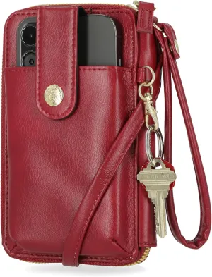 Mundi Jacqui RFID Crossbody Wallet for Women, Vegan Leather Small Travel Handbag with Phone Holder, Compact Organizer with Card Slots and Adjustable Strap, Vacation Purse in (Red)