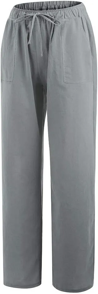 NATHGAM Women Cotton Linen Pants Summer Casual Lightweight Palazzo Trousers Trendy Wide Leg Flowy Loose Fit Drawstring Pants