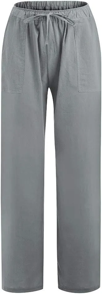 NATHGAM Women Cotton Linen Pants Summer Casual Lightweight Palazzo Trousers Trendy Wide Leg Flowy Loose Fit Drawstring Pants