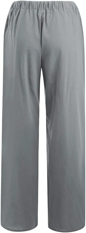 NATHGAM Women Cotton Linen Pants Summer Casual Lightweight Palazzo Trousers Trendy Wide Leg Flowy Loose Fit Drawstring Pants