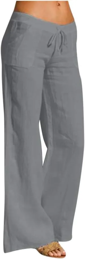 NATHGAM Women Cotton Linen Pants Summer Casual Lightweight Palazzo Trousers Trendy Wide Leg Flowy Loose Fit Drawstring Pants