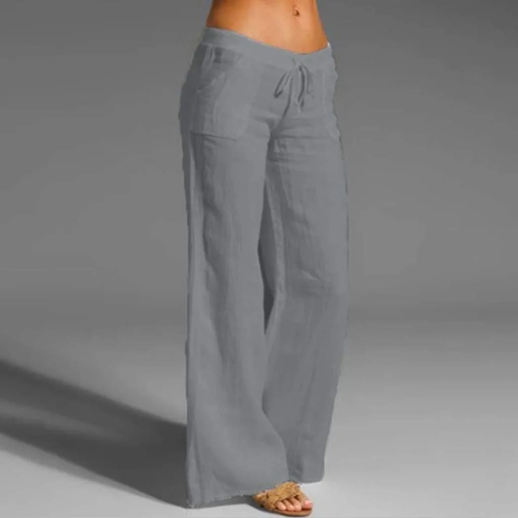 NATHGAM Women Cotton Linen Pants Summer Casual Lightweight Palazzo Trousers Trendy Wide Leg Flowy Loose Fit Drawstring Pants