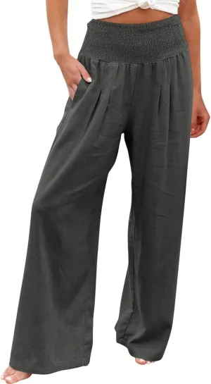 NATHGAM Women's Summer Wide Leg Pants Cotton Linen Casual Smocked High Waisted Palazzo Trousers Beach Travel Vacation Outfits
