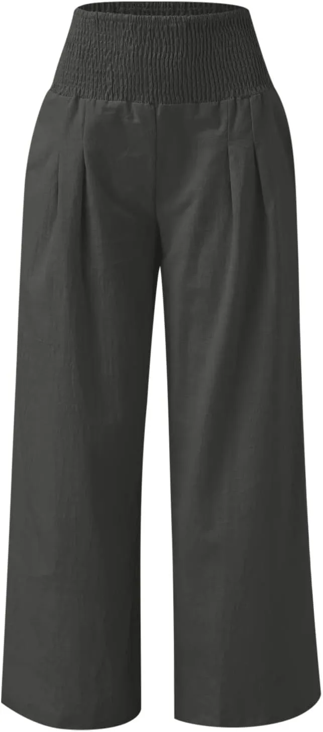 NATHGAM Women's Summer Wide Leg Pants Cotton Linen Casual Smocked High Waisted Palazzo Trousers Beach Travel Vacation Outfits