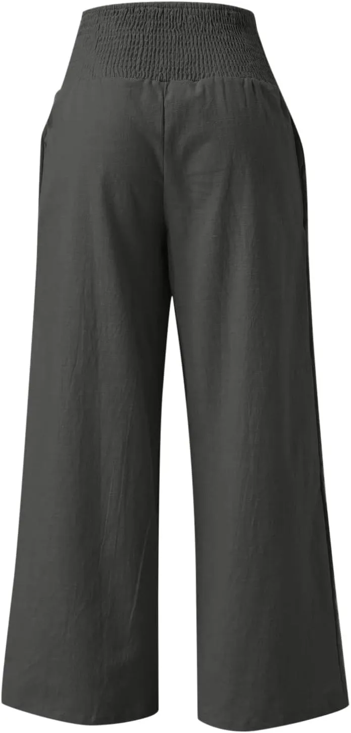 NATHGAM Women's Summer Wide Leg Pants Cotton Linen Casual Smocked High Waisted Palazzo Trousers Beach Travel Vacation Outfits