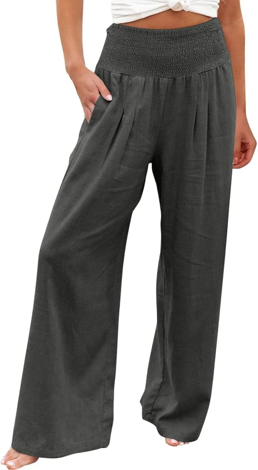 NATHGAM Women's Summer Wide Leg Pants Cotton Linen Casual Smocked High Waisted Palazzo Trousers Beach Travel Vacation Outfits