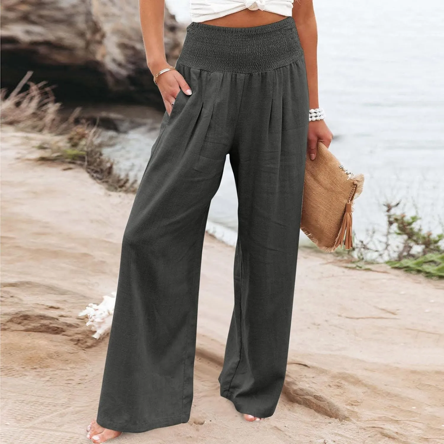 NATHGAM Women's Summer Wide Leg Pants Cotton Linen Casual Smocked High Waisted Palazzo Trousers Beach Travel Vacation Outfits