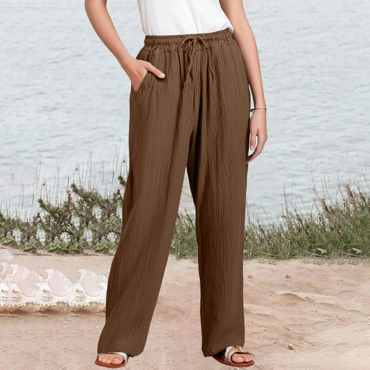 NBXNZWF Women's Linen Pants Wide Leg Elastic High Waisted Pull On Trousers Flowy Summer Beach Palazzo Pants with Pockets